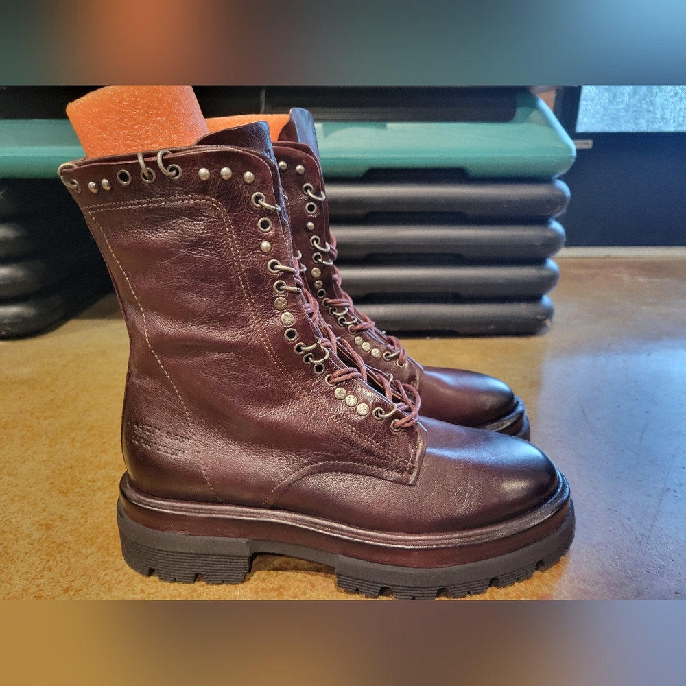 A.S.98 Women's Lace-Up Combat Boots in Dark Burgundy Leather